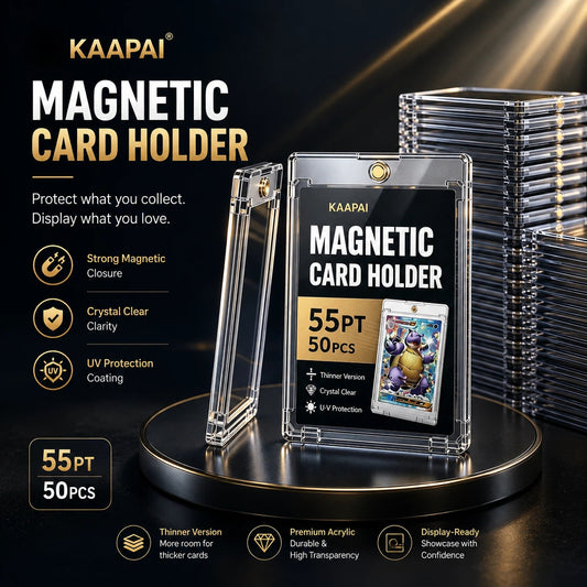 KAAPAI Magnetic Card Holder set of 50 pieces in thinner and crystal versions, displayed on a black circular stand with stacks of holders in the background.