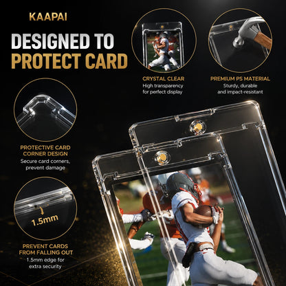 KAAPAI clear protective phone case designed for card protection, shown in a stack with football players visible through the transparent case. The graphic includes callout circles highlighting crystal clear transparency, premium PS material, protective corner design, and a 1.