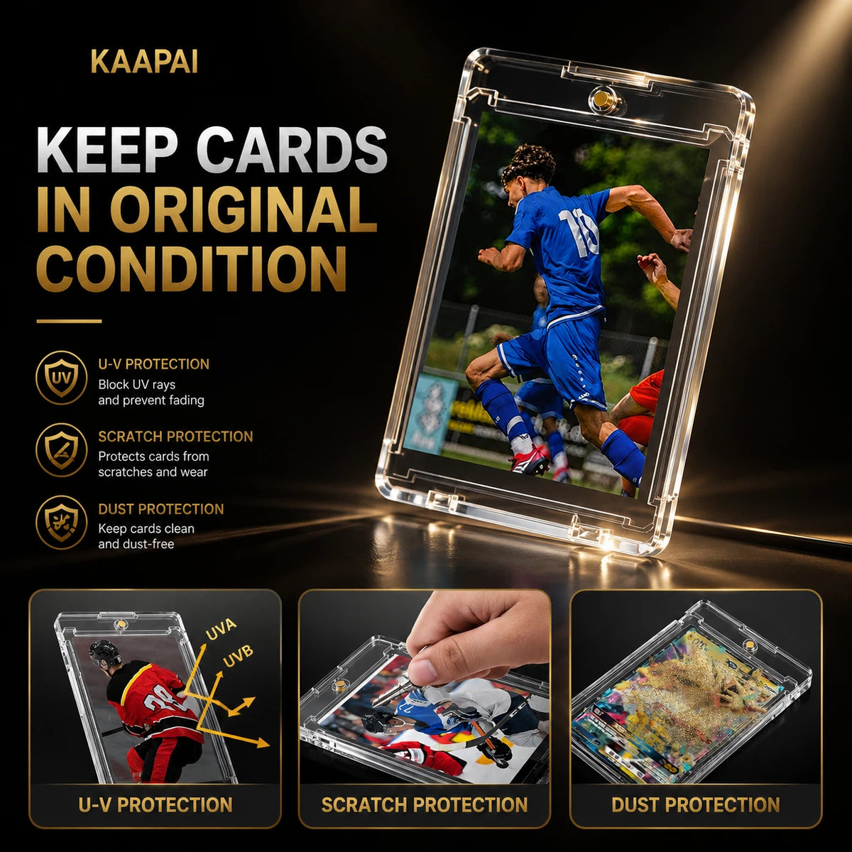 Clear plastic card protector case shown on a glossy black background with promotional text and feature icons. The case contains a soccer player card and is labeled KAAPAI.