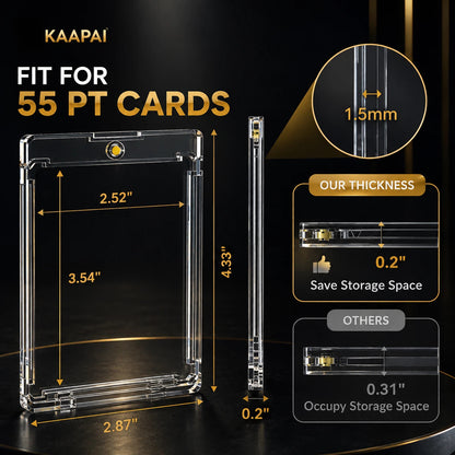 Clear acrylic frame for 55 PT cards by KAAPA·I, shown with dimensions, thickness, and comparison to other frames on a dark background.