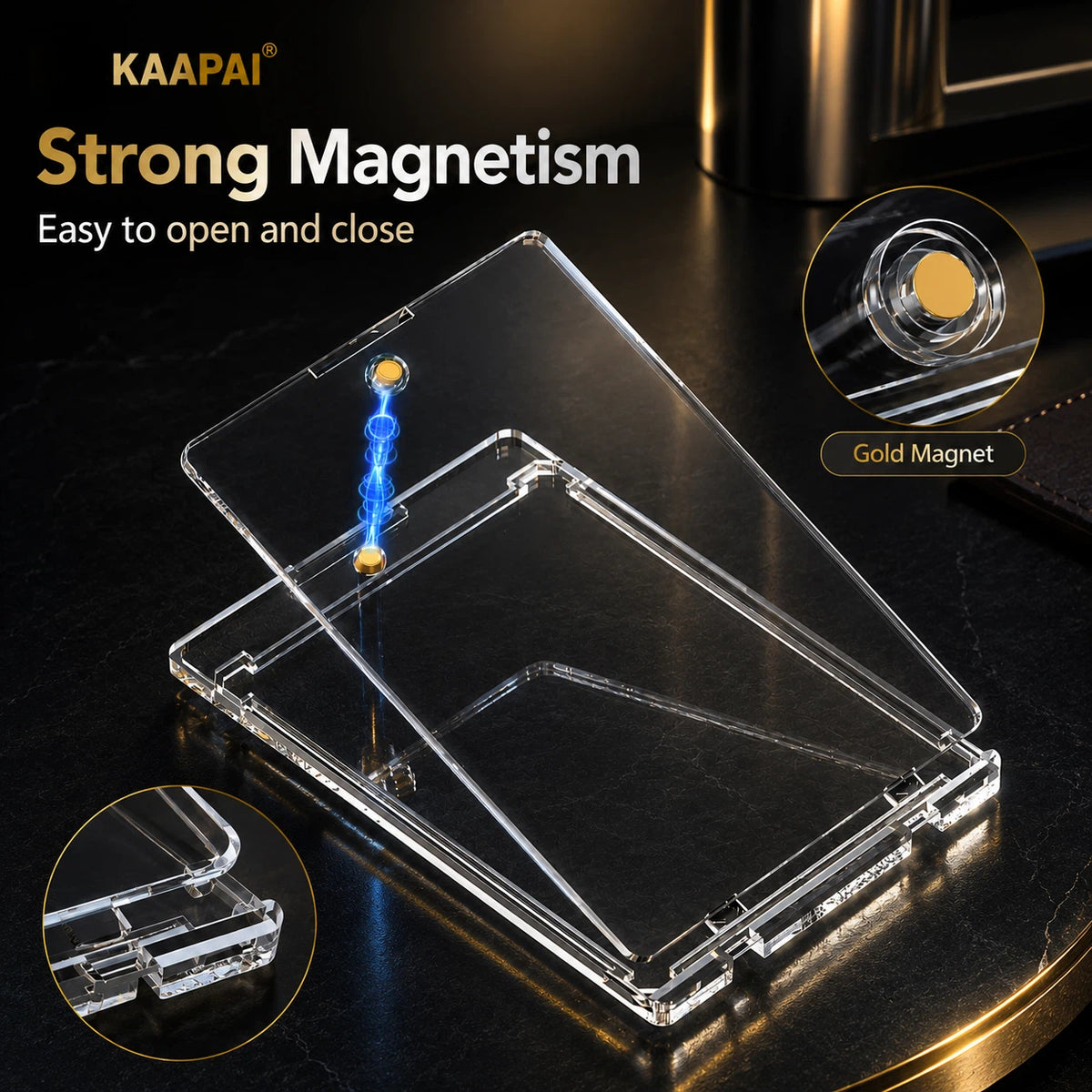 Clear transparent magnetic phone case shown open on a dark reflective surface, with text reading KAAPAI Strong Magnetism and inset circles showing the gold magnet detail.