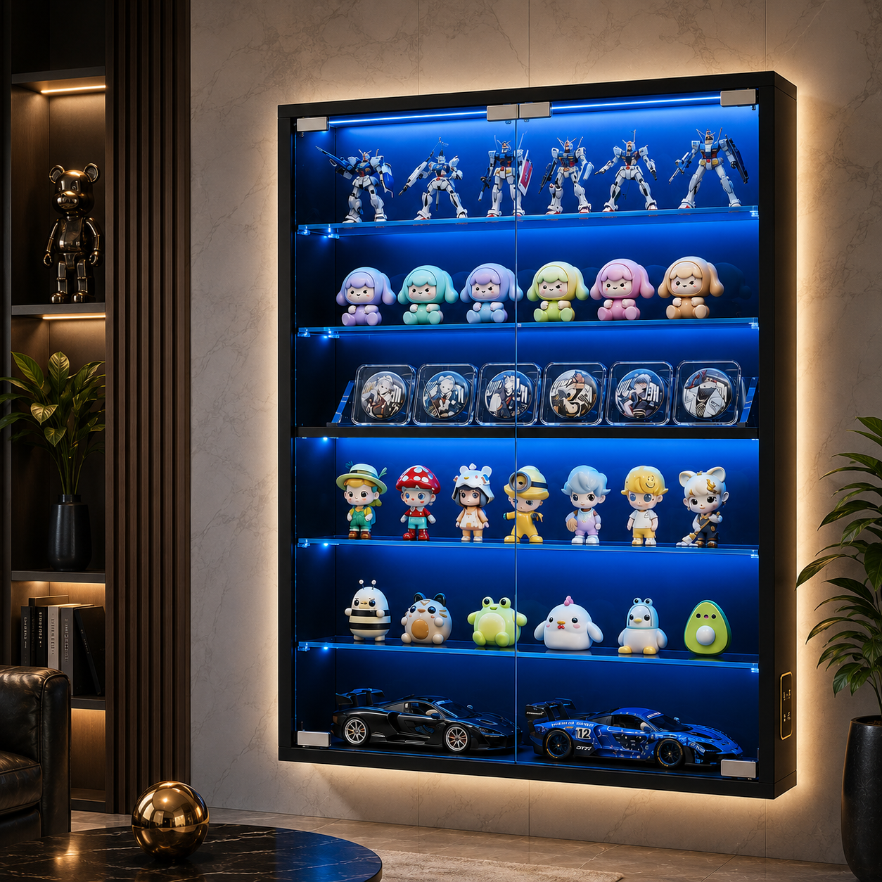 KAAPAI 6-Tier Wall Trading Card Display Case with Glass Doors- Black