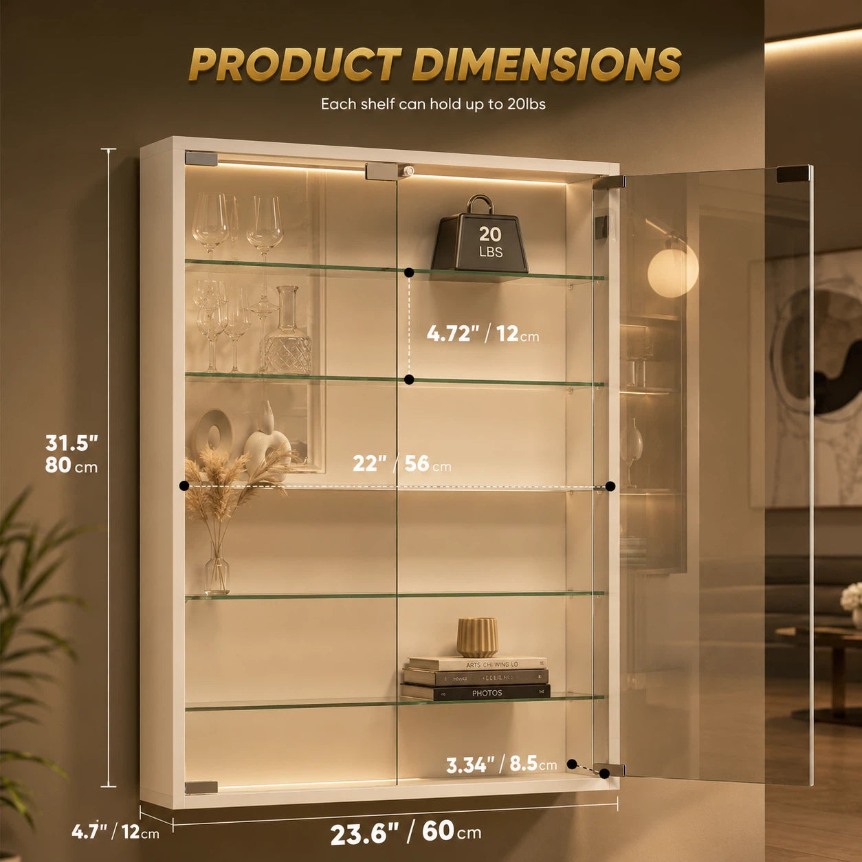 A tall glass-front display cabinet with illuminated shelves and overlaid dimension labels showing height, width, and shelf spacing. Text at the top reads 'PRODUCT DIMENSIONS' with measurements in inches and centimeters.