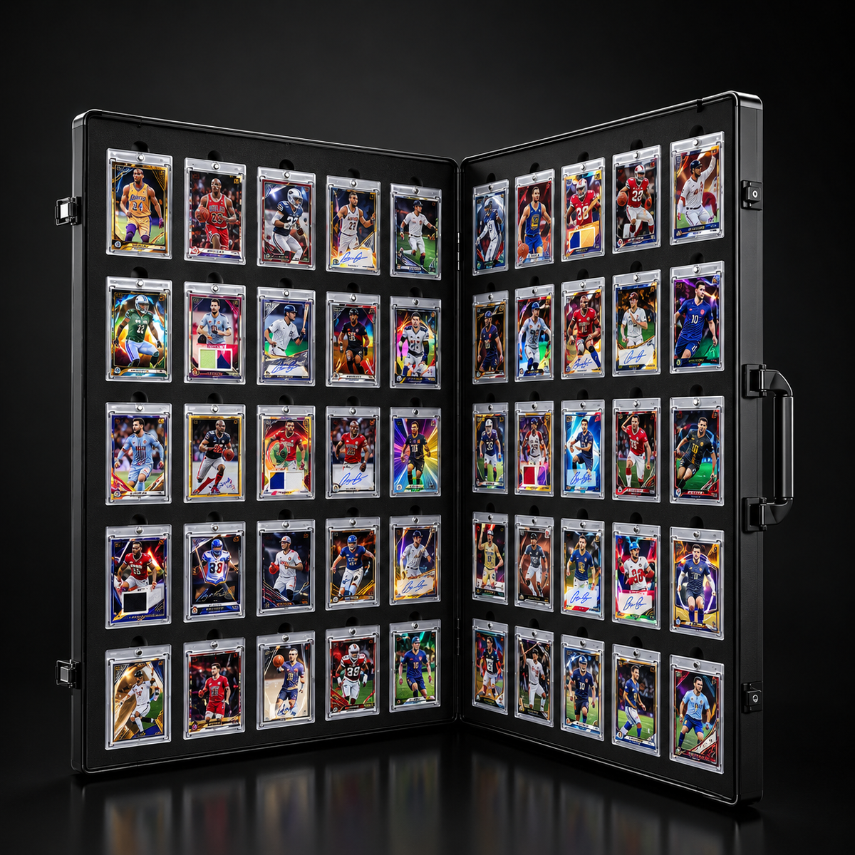 A black hard case opened to display multiple sports trading cards arranged in a grid on both interior panels, photographed against a dark studio background.