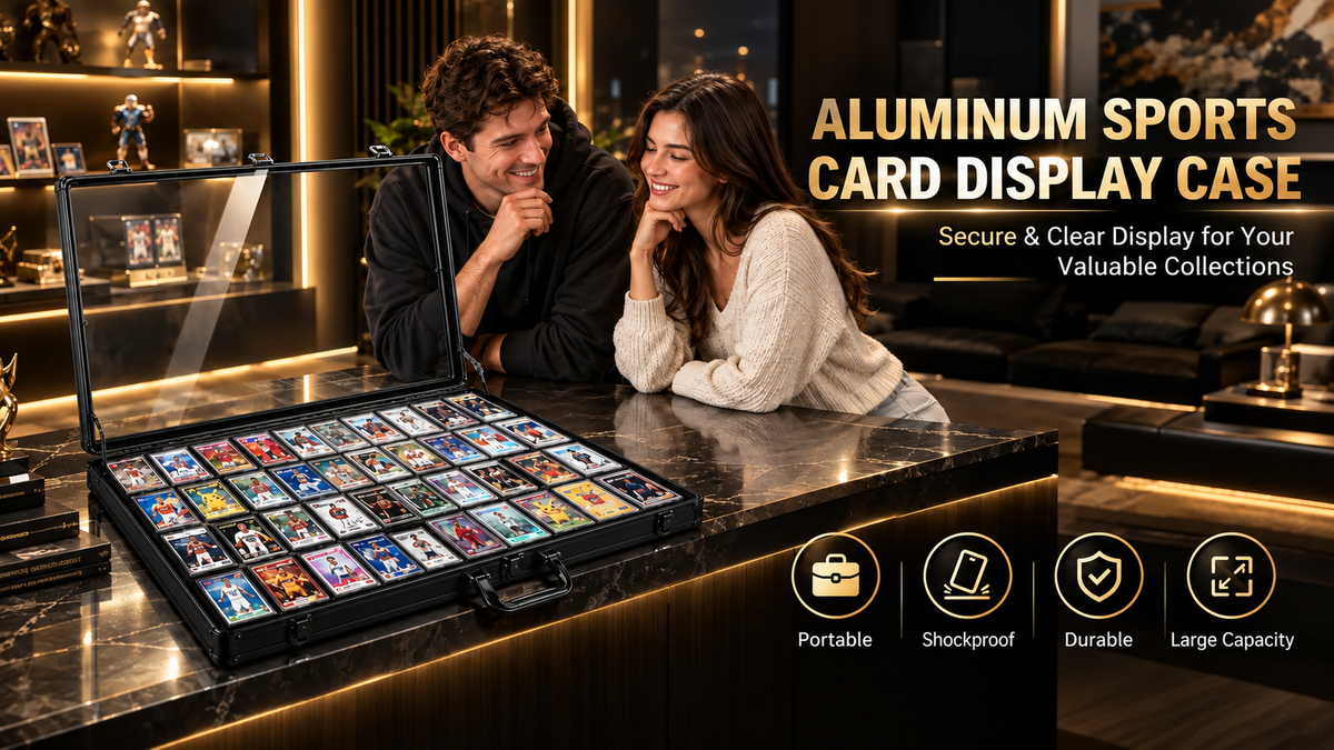 An open black aluminum sports card display case filled with cards, shown on a polished marble counter with two people looking at it in a luxury interior. Text on the right reads 'ALUMINUM SPORTS CARD DISPLAY CASE' with feature icons below.