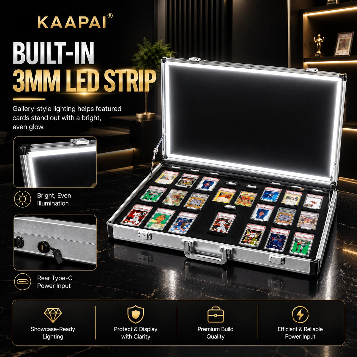 KAAPAI built-in 3mm LED strip light in a silver aluminum case, shown open with card slots illuminated and displaying colorful cards. The image includes feature callouts and icons highlighting bright even illumination, rear Type-C power input, and premium display quality.