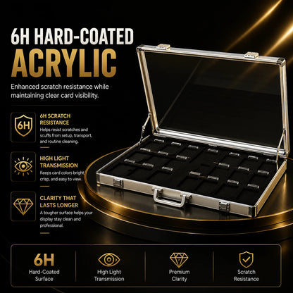 An open hard acrylic travel case with a transparent lid and multiple small card slots inside, shown on a black promotional background with gold lighting and text highlighting 6H hard-coated acrylic, scratch resistance, and high light transmission.