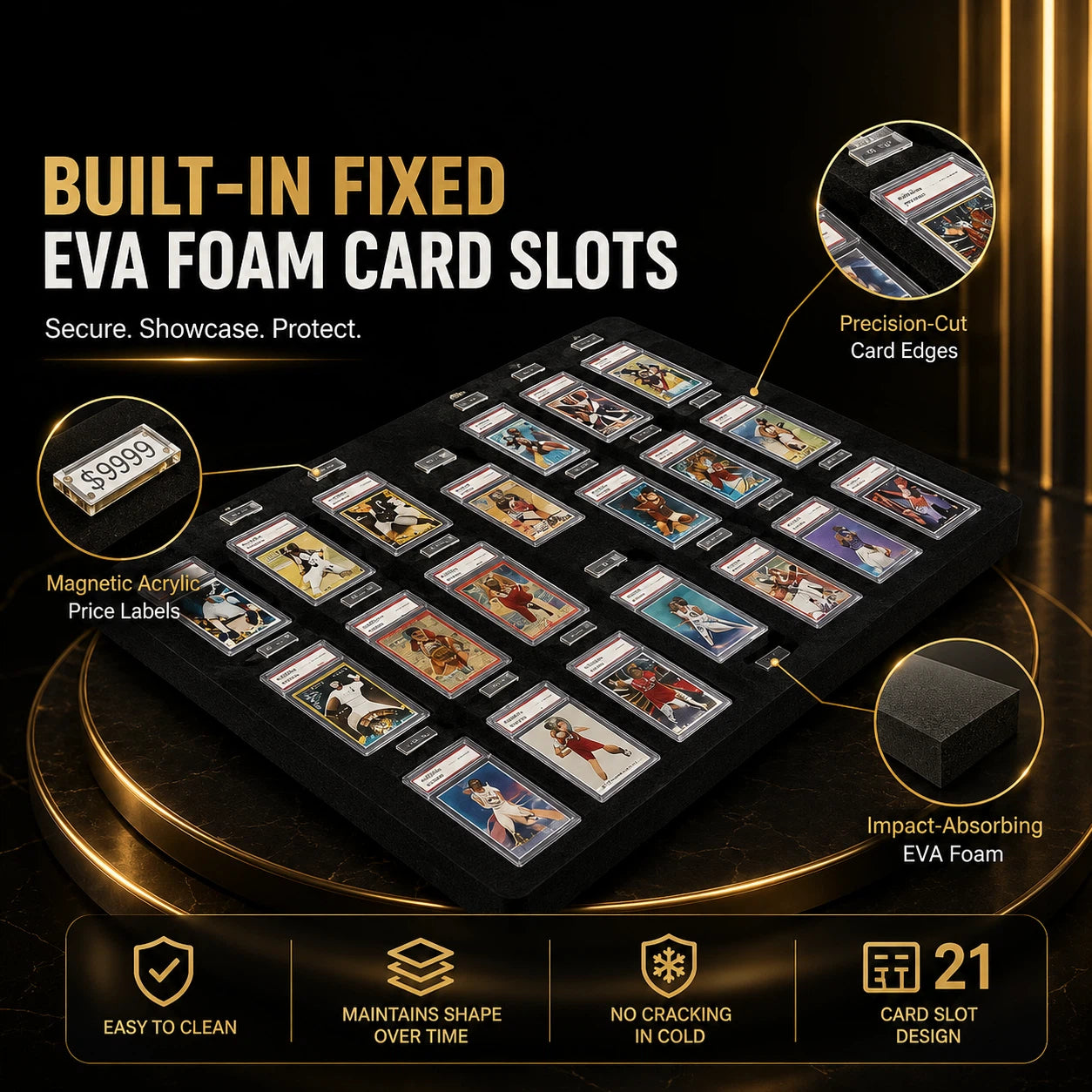 A black magnetic acrylic card display board with built-in fixed EVA foam card slots, shown on a dark gold background with callout circles and feature icons. The board holds multiple sample trading cards and includes text highlighting features such as precision-cut card edges, magnetic acrylic price labels, impact-absorbing EVA foam, and a 21-card slot design.
