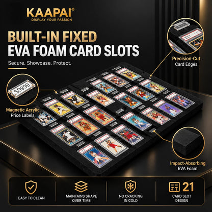 Kaapai built-in fixed EVA foam card slots display tray shown at an angle on a dark background, with inset callouts highlighting precision-cut card edges, magnetic acrylic price labels, impact-absorbing EVA foam, and a 21-card slot design. Text overlays describe the product features.