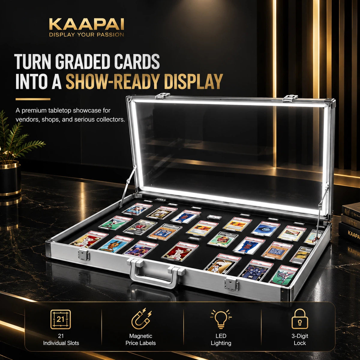 An open KAAPAI aluminum display case with a clear lid and built-in LED lighting, shown on a dark marble surface with cards arranged inside. Text on the image highlights 21 individual slots, price labels, LED lighting, and a 3-digit lock.