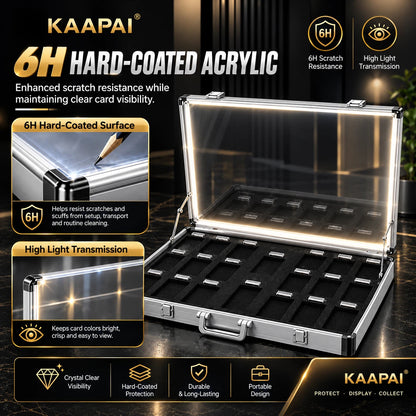 KAAPAI 6H hard-coated acrylic display case with an open lid showing multiple card slots, set against a dark background with feature callouts and icons.