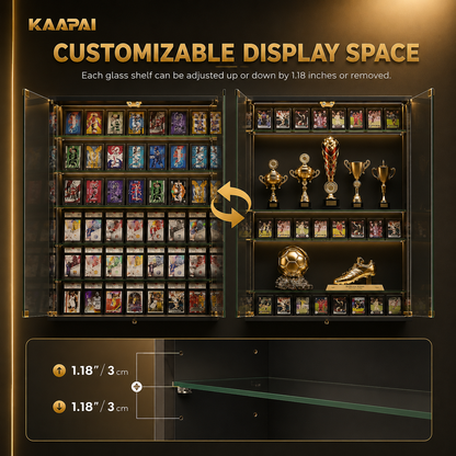 Customizable display cabinet interior shown with multiple glass shelves holding collectible cards, trophies, a soccer ball, and a sneaker. Text reads 'KAAPAI CUSTOMIZABLE DISPLAY SPACE' and includes dimension callouts for shelf adjustment.