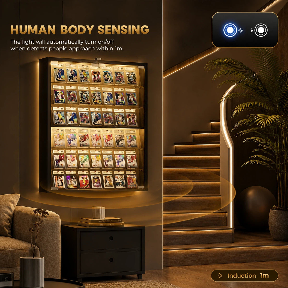 A smart wall-mounted display cabinet filled with trading cards, shown in a modern interior with a staircase, plant, and furniture. The scene includes marketing text about human body sensing and light control, plus a small app-style control icon in the top right.