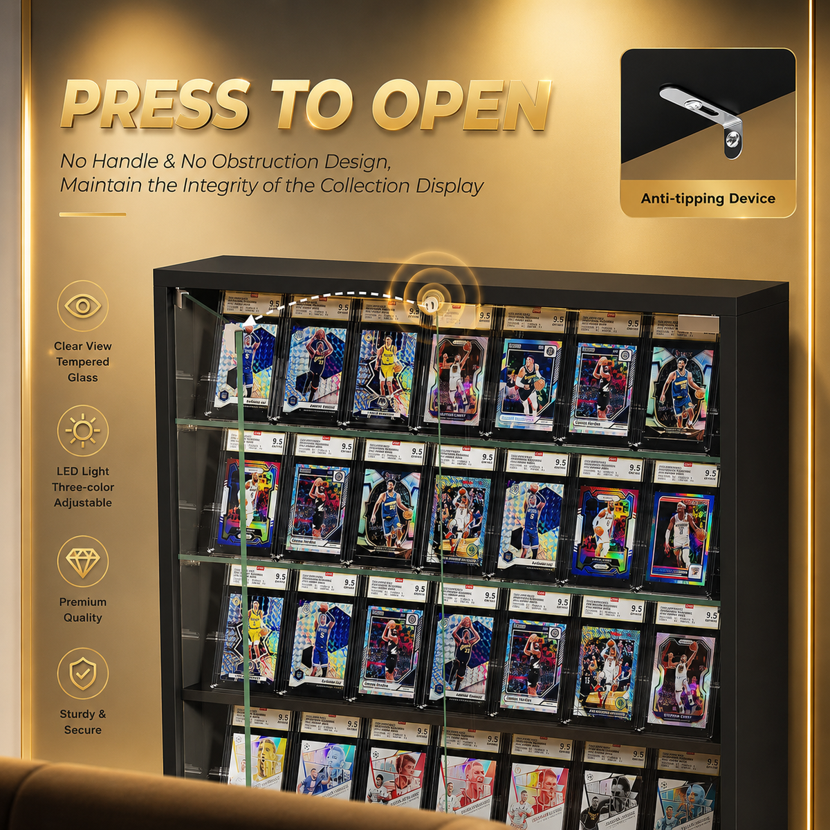A black adjustable card display case with multiple iridescent collectible cards inside, shown on a gold promotional background with text reading 'PRESS TO OPEN' and feature callouts.