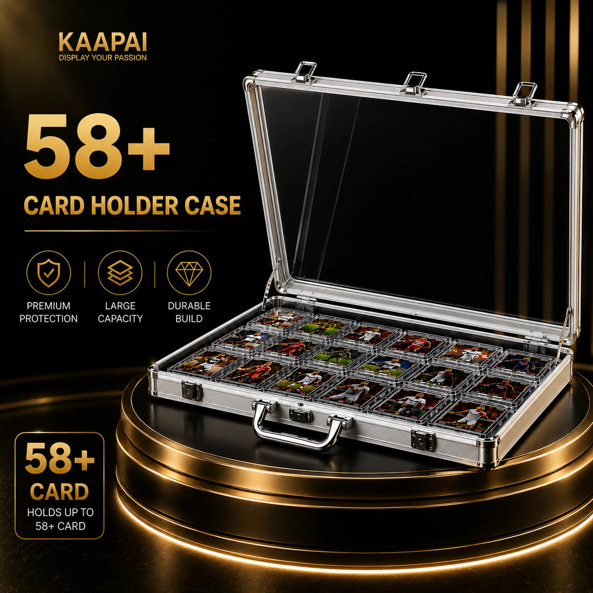 An open KAAPAI aluminum card holder case with a clear lid, displayed on a glowing black pedestal. The case contains multiple rows of card sleeves holding collectible cards.