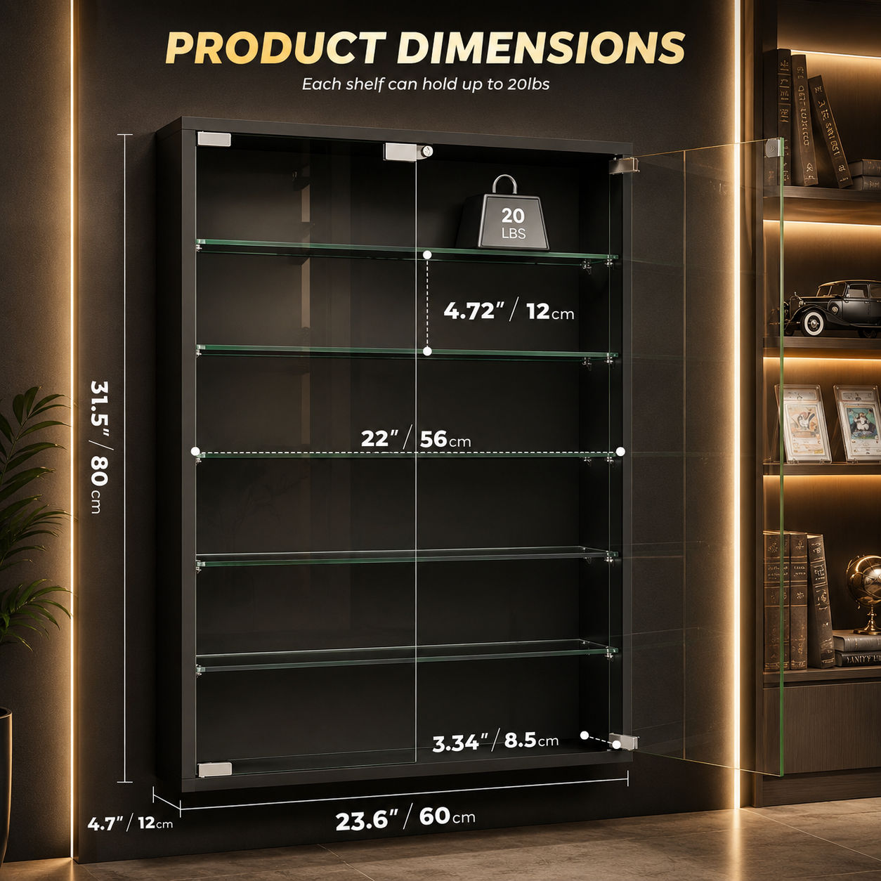 A tall black glass-front storage cabinet with five glass shelves, shown with overlaid dimension labels and a 20 kg weight icon on the door. The image includes the text 'PRODUCT DIMENSIONS' and measurements for height, width, and shelf spacing, set against a dark interior background with warm lighting.