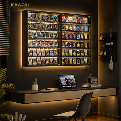 A large wall-mounted illuminated display case filled with many boxed or carded collectibles, shown in a modern home office/study setting above a desk with a laptop, chair, and ambient lighting. The word KAAPAI appears in the upper left.