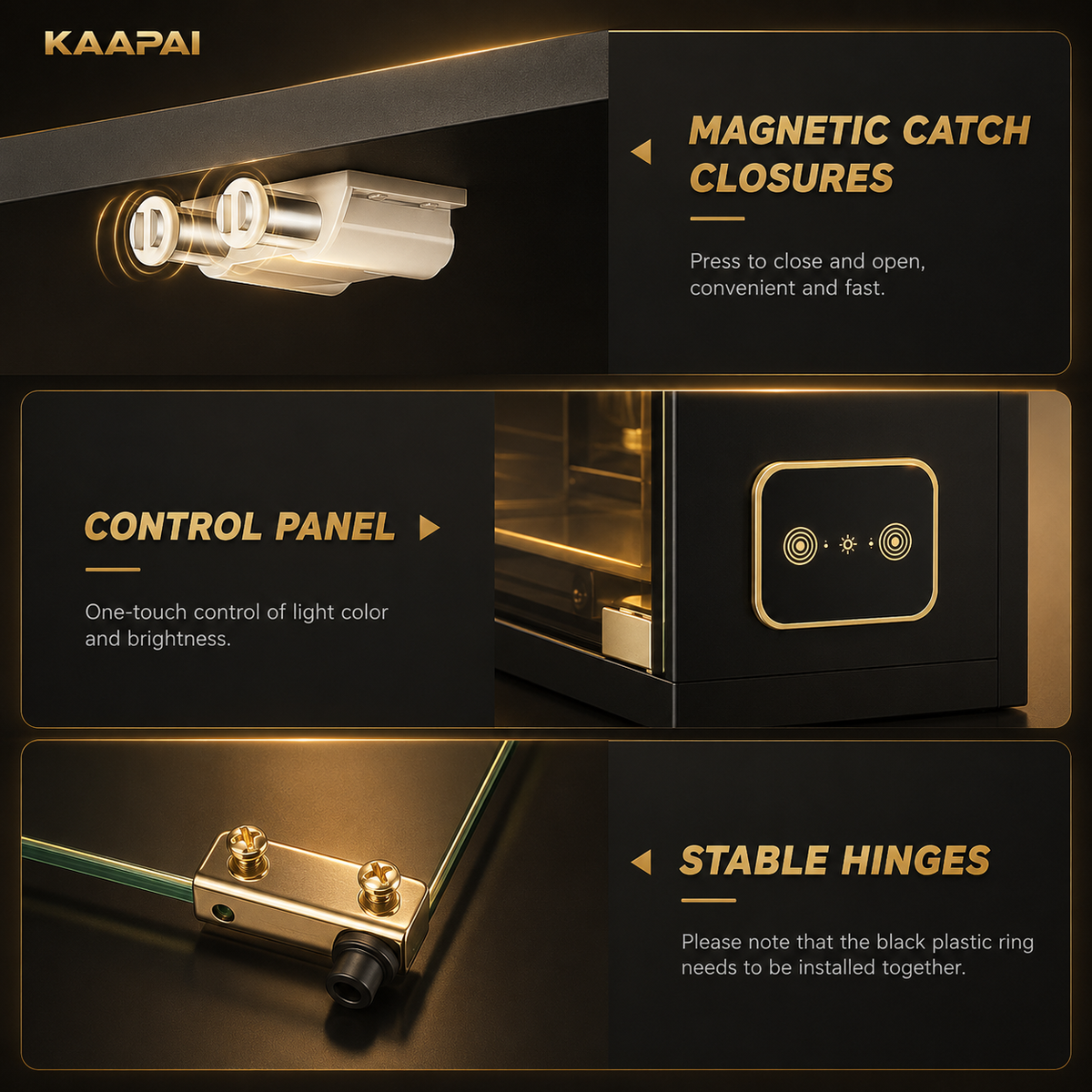 A promotional infographic for a KAAPAI smart safe, showing four feature panels: magnetic catch closures, a control panel with one-touch light and brightness control, stable hinges, and an installation note for a black plastic ring, all on a dark background with gold text.