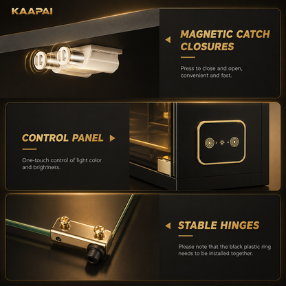 A promotional infographic for a KAAPAI smart safe, showing four feature panels: magnetic catch closures, a control panel with one-touch light and brightness control, stable hinges, and an installation note for a black plastic ring, all on a dark background with gold text.