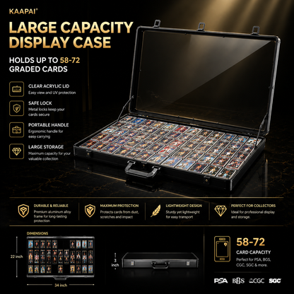 Kaapai large capacity display case for graded cards, shown open with multiple cards stored inside on a dark background. The image includes feature callouts, dimensions, and compatibility text for PSA, BGS, CGC, and SOC.