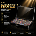 Kaapai large capacity display case shown open, filled with graded cards, on a dark reflective background with promotional text and feature icons.