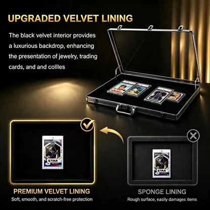 An open black velvet jewelry/display case on a dark background, with text explaining upgraded velvet lining and showing a card inside. Two inset panels compare premium velvet lining with a rougher sponge lining.