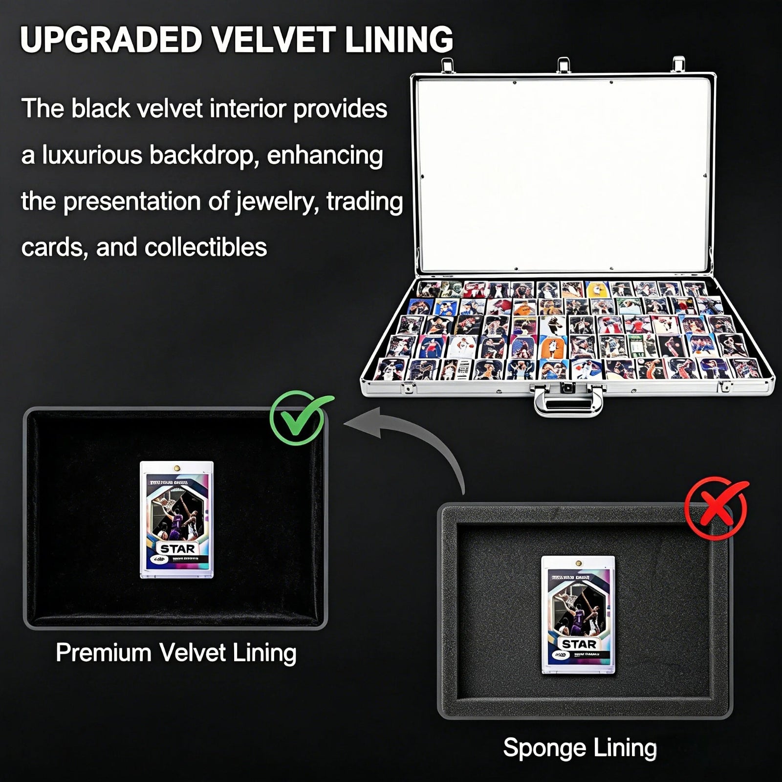 Aluminum case with upgraded velvet lining for displaying trading cards, with text explaining the benefits.