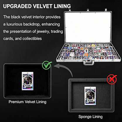 Aluminum case with upgraded velvet lining for displaying trading cards, with text explaining the benefits.