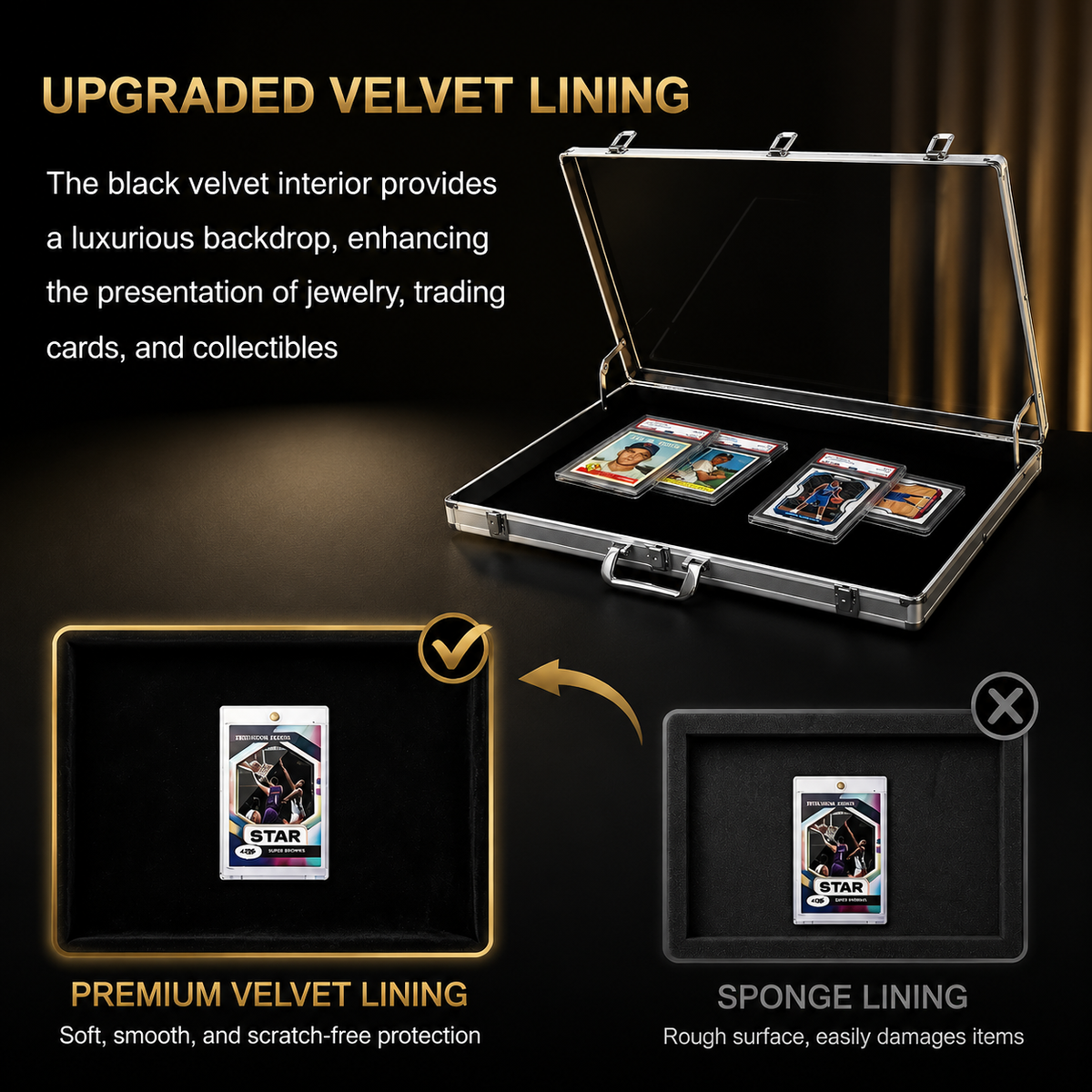 An open silver metal display case with black velvet interior lining, shown on a dark background with promotional text comparing premium velvet lining to a rougher sponge lining. Three trading cards are displayed inside the case.