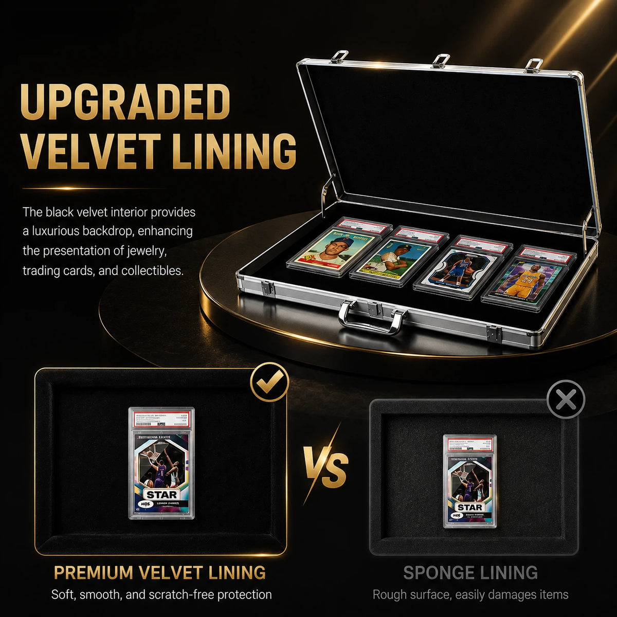 An upgraded black velvet-lined presentation case shown open, containing several collectible cards and a PSA grading label. The graphic includes marketing text comparing the premium velvet lining with a rougher sponge lining, on a dark gold and black background.