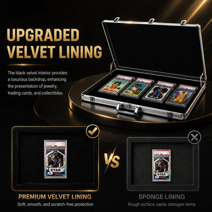 An upgraded black velvet-lined presentation case shown open, containing several collectible cards and a PSA grading label. The graphic includes marketing text comparing the premium velvet lining with a rougher sponge lining, on a dark gold and black background.