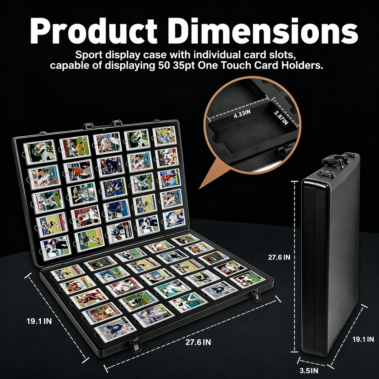 Product dimensions of a sports display case with card slots, showing size and capacity details.