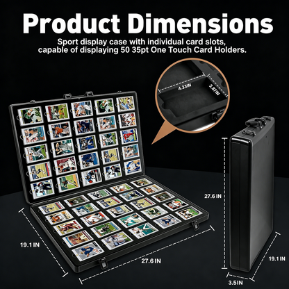 Product dimensions of a sports display case with card slots, showing size and capacity details.