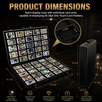 Product dimensions diagram for a black sports display case holding many trading cards, with measurements shown for the open case, closed side view, and inset detail, on a dark background with feature icons below.