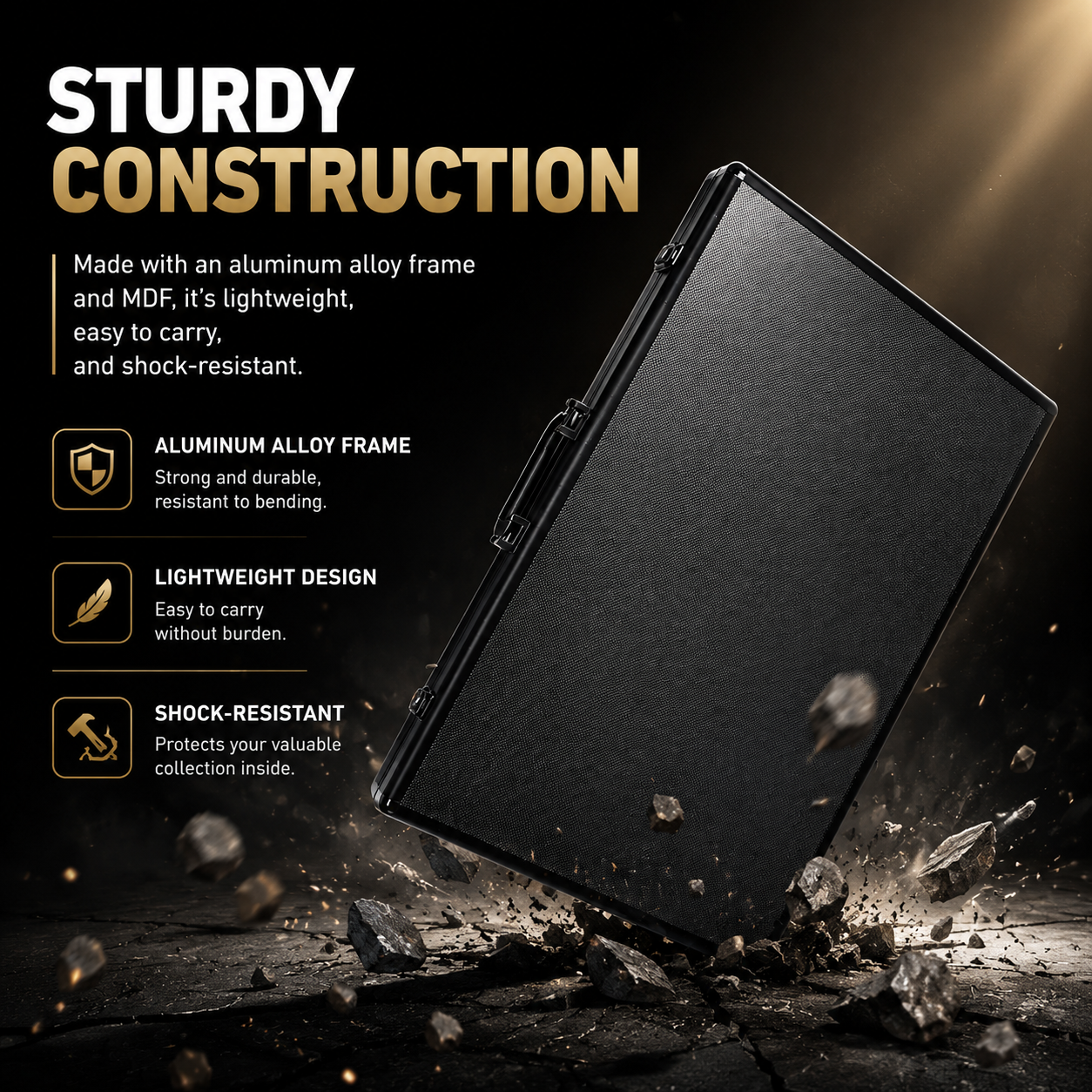 A black hard case shown at an angle on a dark dramatic background with debris and text callouts describing its sturdy aluminum alloy frame, lightweight design, and shock-resistant construction.