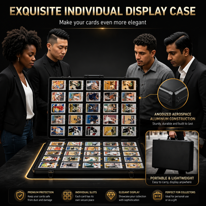 A black portable display case shown open with multiple card slots, surrounded by four people in a dark studio setting. The image includes marketing text such as 'EXQUISITE INDIVIDUAL DISPLAY CASE,' 'Anodized Aerospace Aluminum Construction,' and 'Portable & Lightweight,' plus feature icons along the bottom.