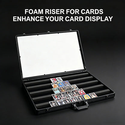 Card display case with foam riser for cards on a dark background