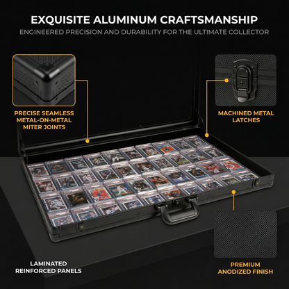 Collection case with trading cards, highlighting features like metal-on-metal miter joints and machined metal latches.