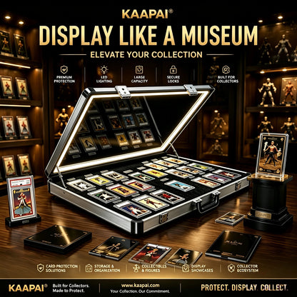 KAAPAI display case set shown open in a museum-style collection room, with multiple framed cards and collectibles arranged inside and around the case. Large text reads 'KAAPAI DISPLAY LIKE A MUSEUM' and 'ELEVATE YOUR COLLECTION,' with feature icons above and product callouts along the bottom.