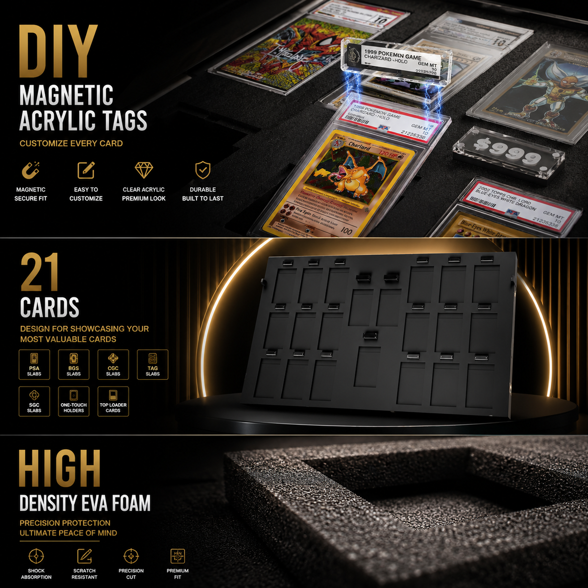 A promotional graphic for a DIY magnetic acrylic card display tray. The top section shows several custom magnetic tags attached to cards in a display setup, with text highlighting features like magnetic secure fit and easy to customize.