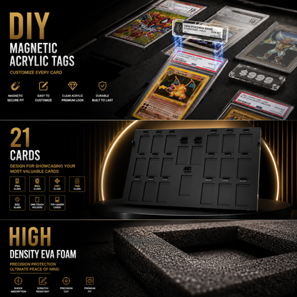 A promotional graphic for a DIY magnetic acrylic card display tray. The top section shows several custom magnetic tags attached to cards in a display setup, with text highlighting features like magnetic secure fit and easy to customize.
