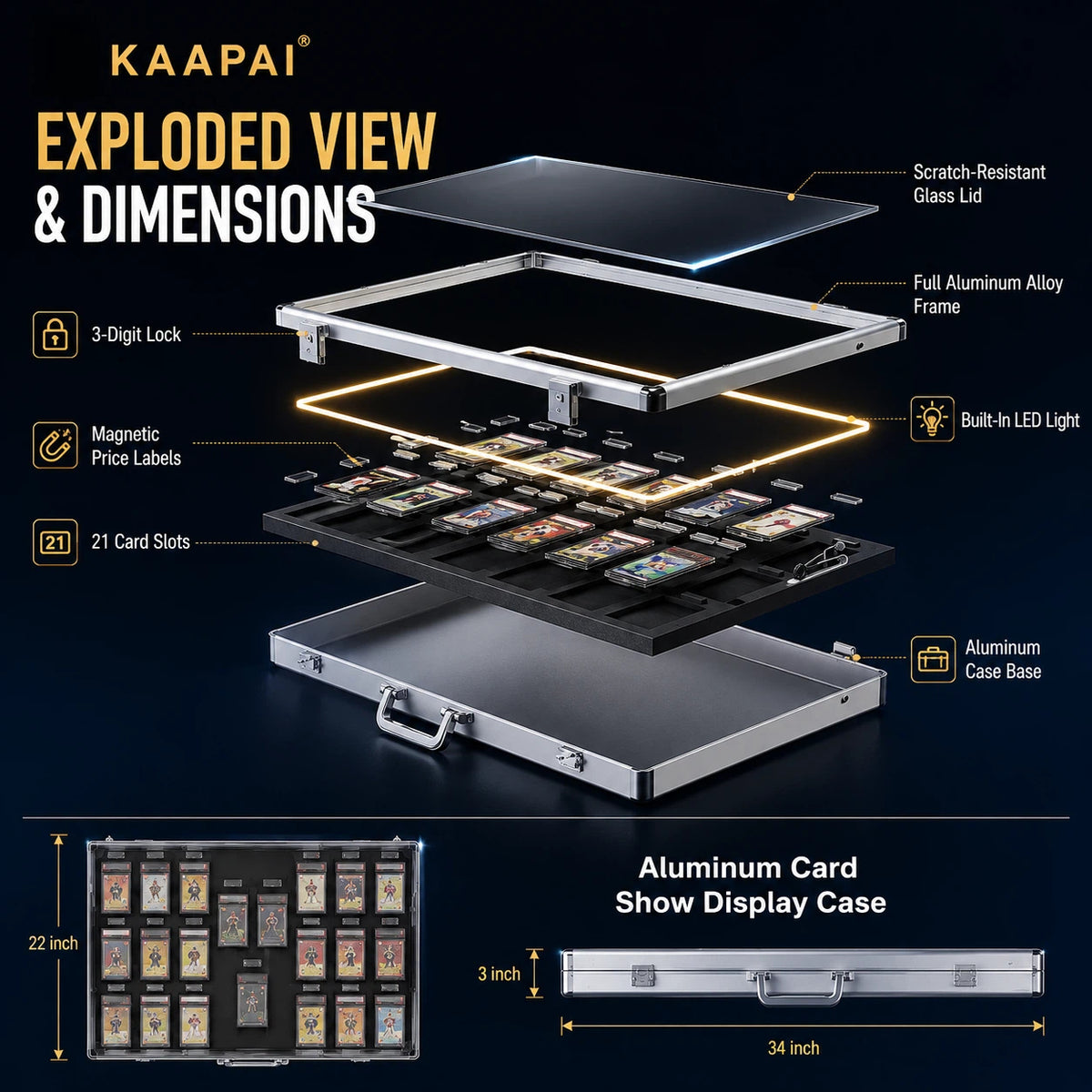 KAAPAI aluminum card display case shown in an exploded view diagram with labeled dimensions and features, including scratch-resistant glass lid, aluminum alloy frame, magnetic price labels, built-in LED light, and 21 card slots, on a dark background.