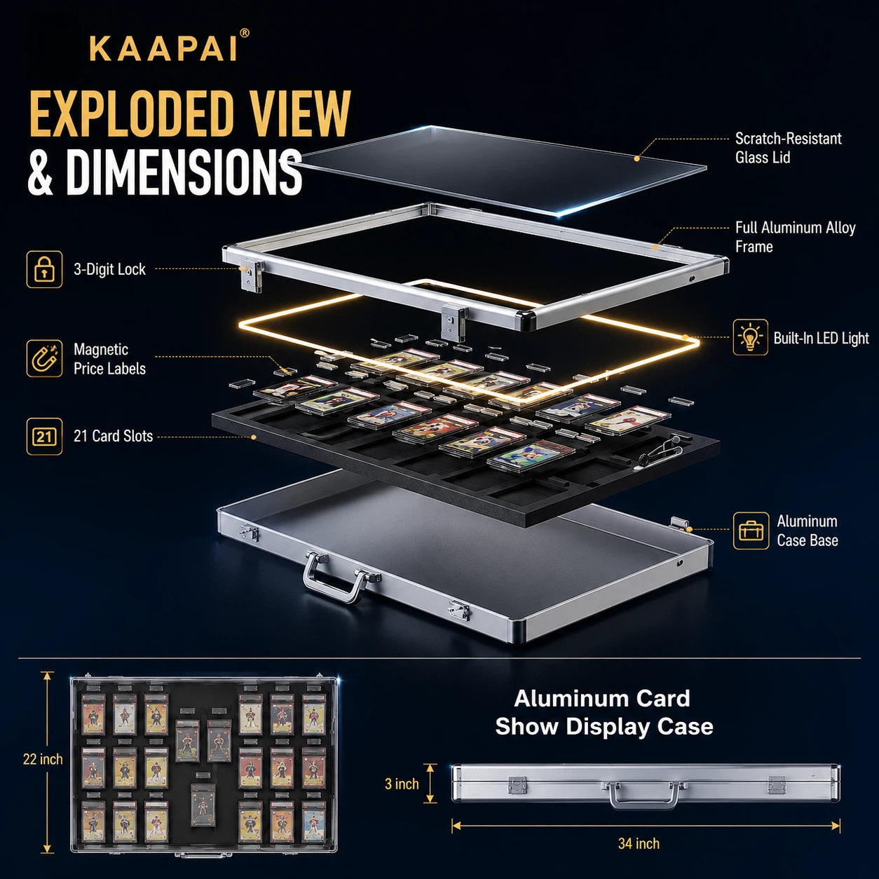 KAAPAI aluminum card display case shown in an exploded view diagram with labeled dimensions and features, including scratch-resistant glass lid, aluminum alloy frame, magnetic price labels, built-in LED light, and 21 card slots, on a dark background.