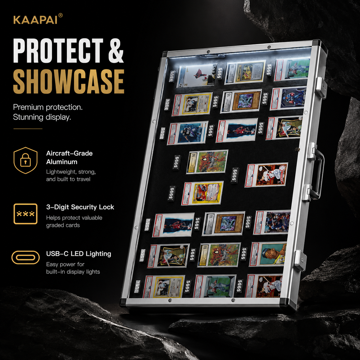 Kaapi portable aluminum display case with built-in USB-C LED lighting, shown holding graded trading cards on a dark rocky background with feature callouts.