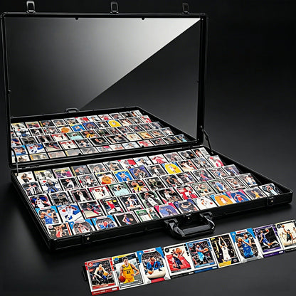Collection of sports trading cards in an open black case on a dark background