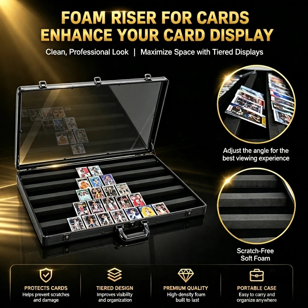 Black foam card riser tray shown open with sample trading cards inside, on a dark promotional background with large text reading 'FOAM RISER FOR CARDS ENHANCE YOUR CARD DISPLAY' and feature callouts.