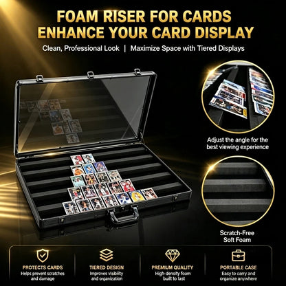 Black foam card riser tray shown open with sample trading cards inside, on a dark promotional background with large text reading 'FOAM RISER FOR CARDS ENHANCE YOUR CARD DISPLAY' and feature callouts.
