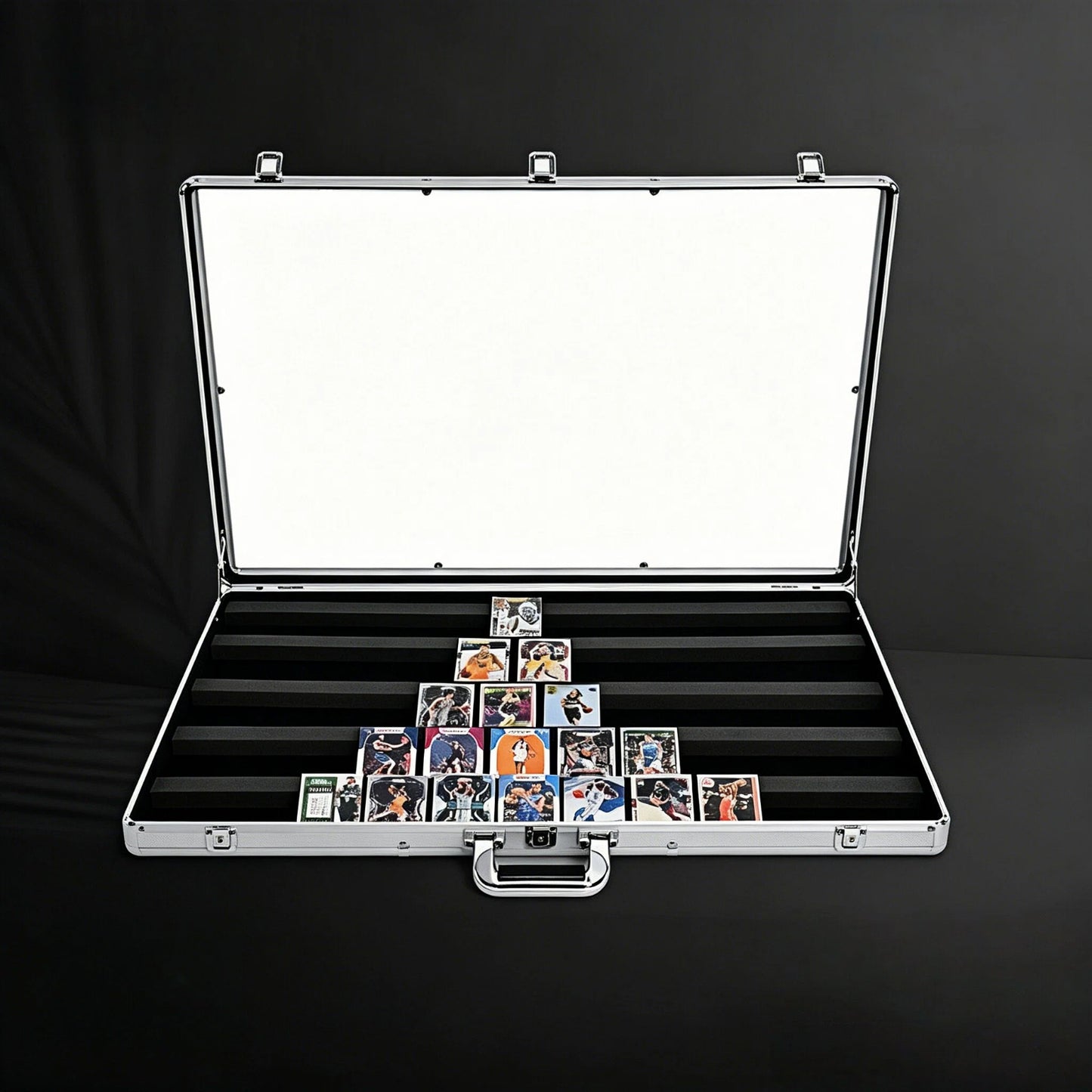 Aluminum case with collectible cards on a black background