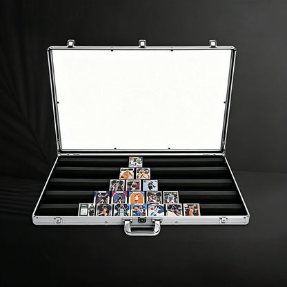 Aluminum case with collectible cards on a black background