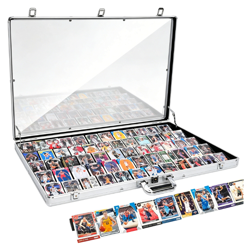 Collection of sports trading cards in an open display case on a white background
